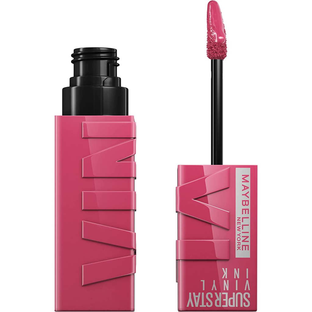 Glossy Maybelline Super Stay Vinyl Ink Liquid Lipstick that defies smudging and transfer; Simply shake and swipe