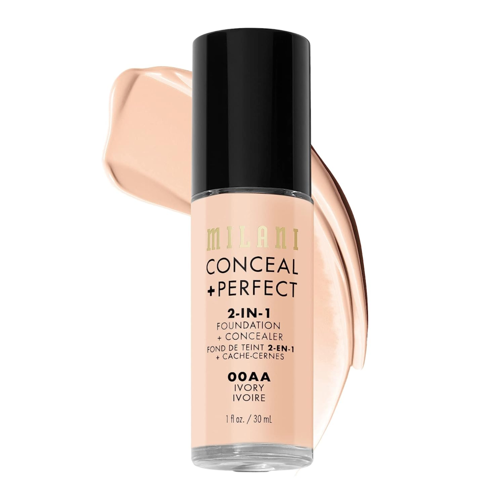 Milani Conceal + Perfect 2-in-1 Foundation that Combat under eye circles, redness and other skin imperfections with our water-resistant, foundation + concealer in one perfecting step and available in 45 shades