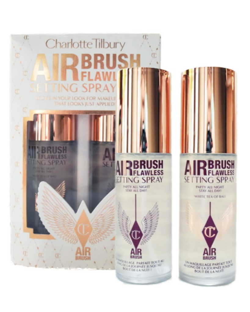 Charlotte Tilbury Airbrush Flawless Makeup Setting Spray Duo includes a travel-sized bottle of the Original setting spray, and a travel-sized bottle of the rejuvenating White Tea of Bali scented setting spray