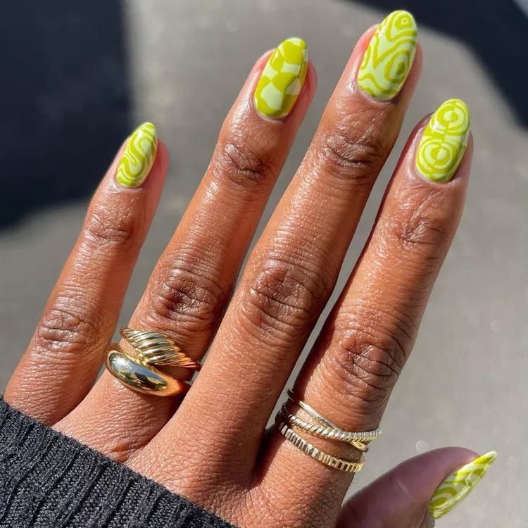 Chartreuse Swirl Mismatched Nails