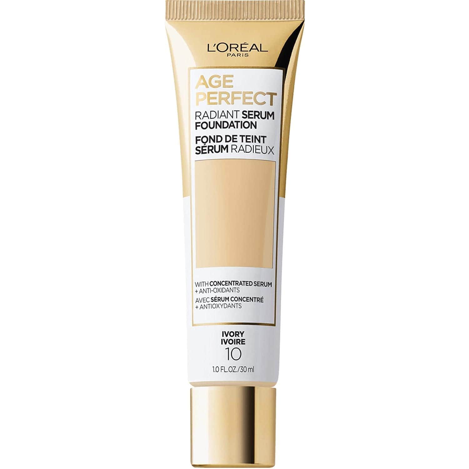 L'Oréal Paris Age Perfect Radiant Serum Foundation: a budget-friendly gem for mature skin, blending hyaluronic acid, niacinamide, and SPF 50. It tackles mature skin concerns without settling into lines, offering affordable awesomeness for flawless makeup. 