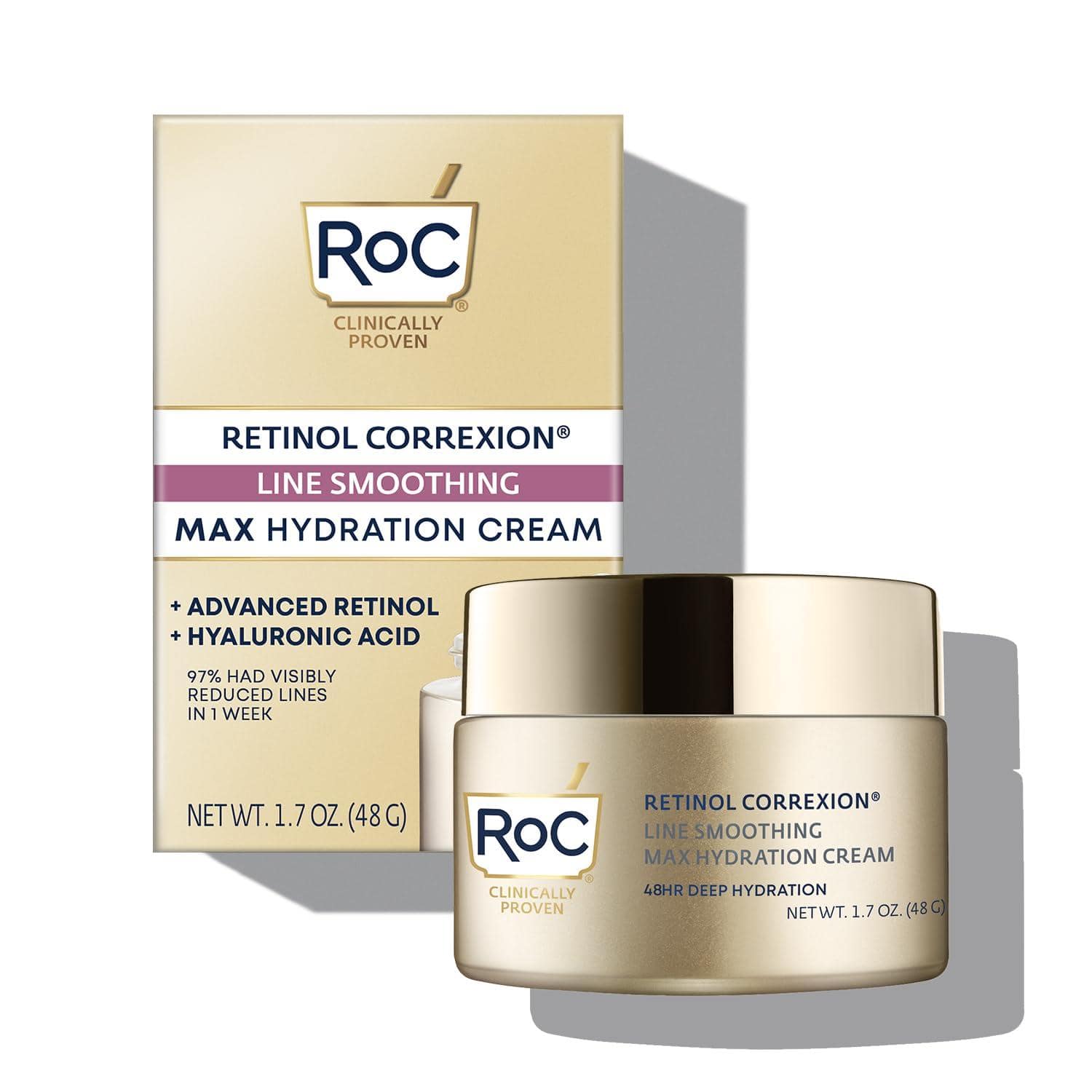 RoC is an ideal retinol introduction. This hydrating cream, with hyaluronic acid, swiftly absorbs, unclogs pores, and visibly firms skin.